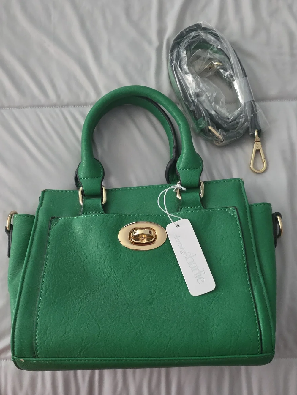 Green Structured Top-Handle Satchel with Gold Turn-Lock